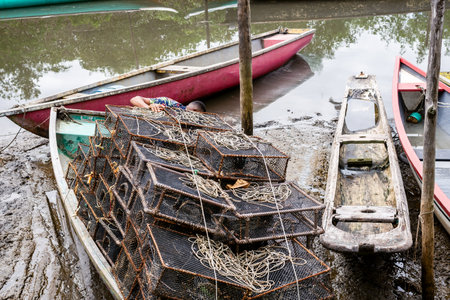 Fishing canoes stranded on the sands of the river. District of Acupe, Santo Amaro, Bahia.の写真素材