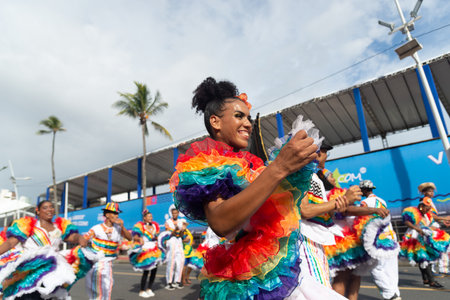 Salvador, Bahia, Brazil - February 11, 2023: Cultural group of Forro dressed in character parade in Fuzue, pre-Carnival in Salvador, Bahia, Brazil.のeditorial素材