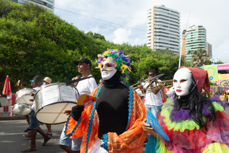 Salvador, Bahia, Brazil - February 11, 2023: Masked and costumed Venice-style group parade in the pre-carnival Fuzue, in Salvador, Bahia, Brazil.のeditorial素材