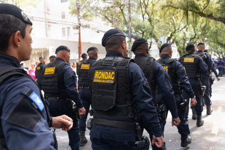 Salvador, Bahia, Brazil - September 07, 2022: Municipal guard soldiers are seen parading during the tributes to the Brazilian independence day in the city of Salvador.のeditorial素材