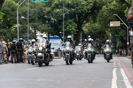 Salvador, Bahia, Brazil - September 07, 2022: Military police are seen riding motorcycles during the Brazilian independence day parade in the city of Salvador.のeditorial素材