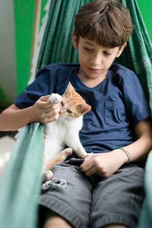 Boy inside a hammock with his pet cat petting him. Love for animals. Domestic cat.の写真素材