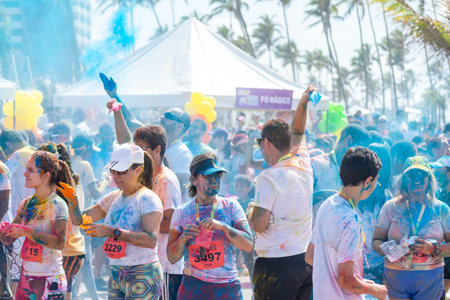 Salvador, Bahia, Brazil - August 23, 2015: Dozens of athletes are seen painted during the color marathon in Salvador, Bahia.のeditorial素材