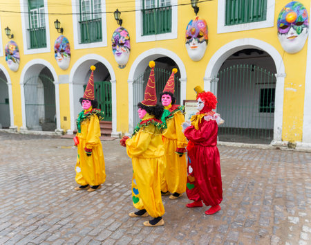 Maragogipe, Bahia, Brazil - February 20, 2023: People dressed in Venetian style are seen during Carnival, in Maragogipe, a city in Bahia, Brazil.のeditorial素材