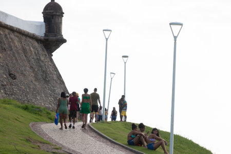 Salvador, Bahia, Brazil - August 25, 2023: Side view of the famous Farol da Barra, postcard of the city of Salvador, Bahia.のeditorial素材