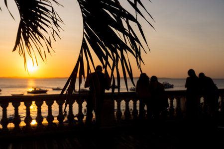 Salvador, Bahia, Brazil - August 25, 2023: Silhouette of branches and people watching the sunset at Porto da Barra in the city of Salvador, Bahia.のeditorial素材