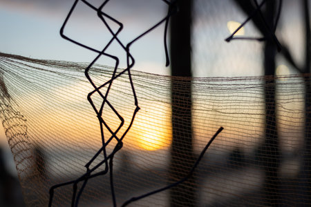 Sunset at the edge of a beach with people and objects silhouetted by a nylon net. Abstract photography concept.の写真素材
