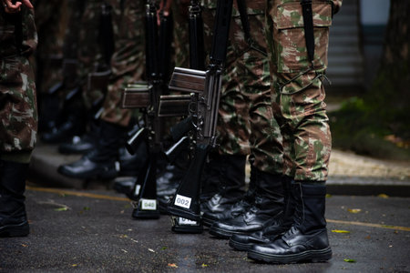 Salvador, Bahia, Brazil - September 07, 2023: Army soldiers await the start of the Brazilian...