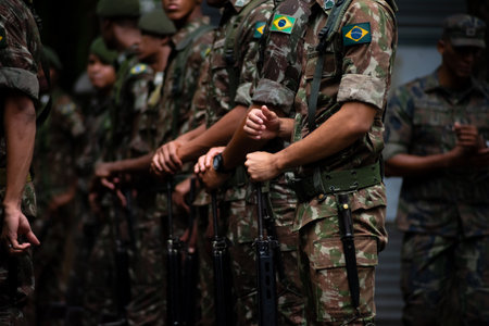 Salvador, Bahia, Brazil - September 07, 2023: Army soldiers await the start of the Brazilian independence parade in the city of Salvador, Bahia.のeditorial素材