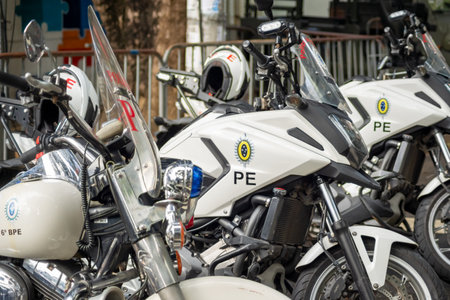 Salvador, Bahia, Brazil - September 07, 2023: Military police motorcycles stopped during the...