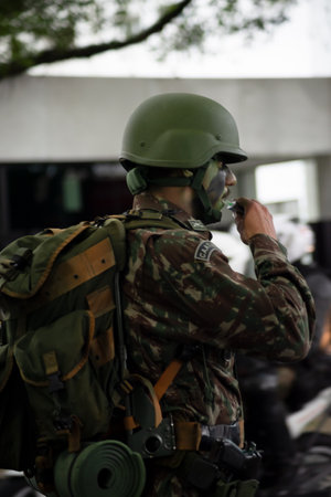 Salvador, Bahia, Brazil - September 07, 2023: Army soldiers await the start of the Brazilian independence parade in the city of Salvador, Bahia.のeditorial素材
