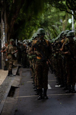 Salvador, Bahia, Brazil - September 07, 2023: Army soldiers await the start of the Brazilian...