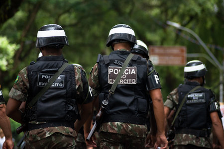 Salvador, Bahia, Brazil - September 07, 2023: Army military police soldiers are seen during the...