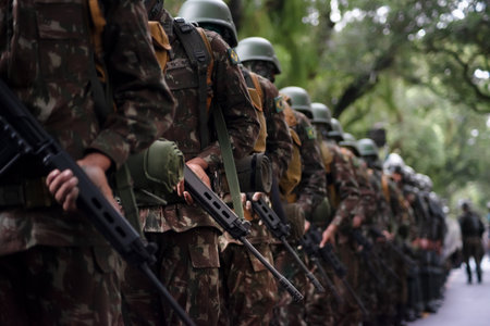 Salvador, Bahia, Brazil - September 07, 2023: Army soldiers are seen at the Brazilian Independence Day parade in the city of Salvador, Bahia.のeditorial素材
