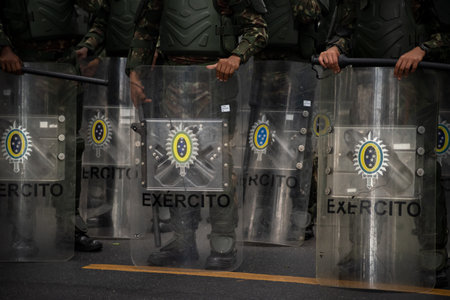 Salvador, Bahia, Brazil - September 07, 2023: Army military police soldiers are seen during the Brazilian independence parade in the city of Salvador, Bahia.のeditorial素材