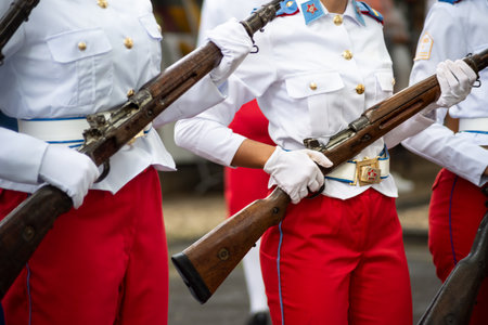Salvador, Bahia, Brazil - September 07, 2023: Military school students are seen holding rifles during Brazilian independence celebrations in the city of Salvador, Bahia.のeditorial素材