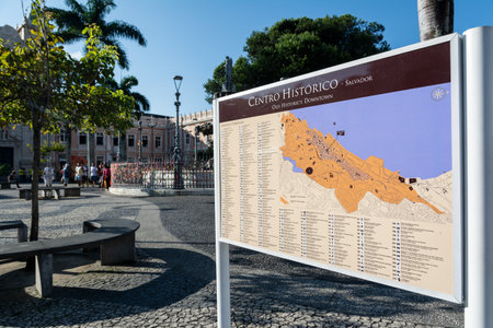 Salvador, Bahia, Brazil - September 02, 2023: Map sign with information on places and paths in Pelourinho, historic center of Salvador, Bahia.のeditorial素材