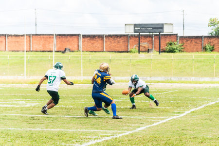 Camacari, Bahia, Brazil - September 30, 2023: American football players at the Armando Oliveira stadium in Camacari, Bahia.のeditorial素材