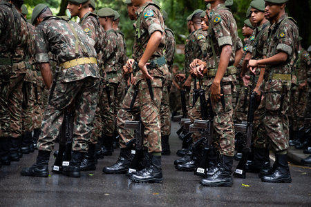 Salvador, Bahia, Brazil - September 07, 2023: Army soldiers await the start of the Brazilian independence parade in the city of Salvador, Bahia.のeditorial素材