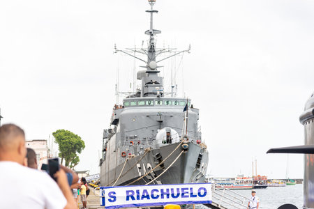 Salvador, Bahia, Brazil - October 08, 2023: Constituicao F42 frigate of the Brazilian navy, anchored for visitation in the sea port of the city of Salvador, Bahia.のeditorial素材