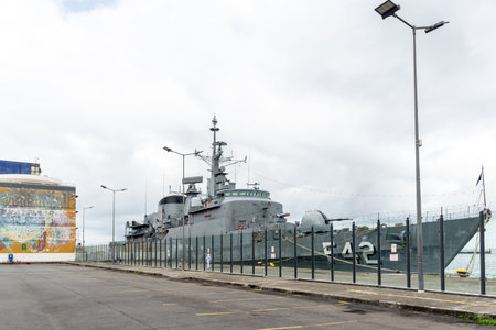 Salvador, Bahia, Brazil - October 08, 2023: Constituicao F42 frigate of the Brazilian navy, anchored for visitation in the sea port of the city of Salvador, Bahia.のeditorial素材