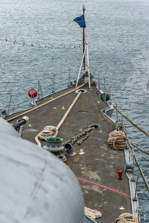 Salvador, Bahia, Brazil - October 08, 2023: View from the tip of the Brazilian Navy ship Fragata Constituicao F42, stopped at the seaport of the city of Salvador, Bahia.のeditorial素材