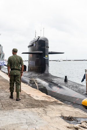 Salvador, Bahia, Brazil - October 08, 2023: Submarine Riachuelo S40, from the Brazilian Navy, stopped for public viewing in the sea port of the city of Salvador, Bahia.のeditorial素材