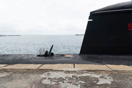 Salvador, Bahia, Brazil - October 08, 2023: Side view of part of the Riachuelo S40 submarine, from the Brazilian Navy, stopped in the sea port of the city of Salvador, Bahia.のeditorial素材