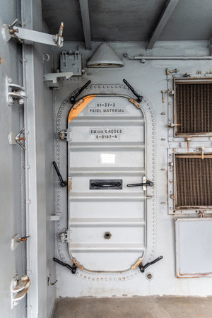 Salvador, Bahia, Brazil - October 08, 2023: Internal doors of the Brazilian Navy ship Fragata Constituicao F42, stopped at the seaport of the city of Salvador, Bahia.のeditorial素材