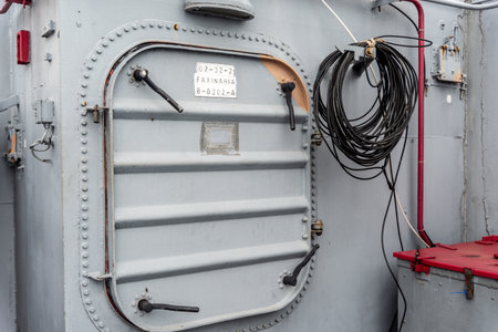 Salvador, Bahia, Brazil - October 08, 2023: Internal doors of the Brazilian Navy ship Fragata Constituicao F42, stopped at the seaport of the city of Salvador, Bahia.のeditorial素材