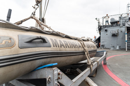 Salvador, Bahia, Brazil - October 08, 2023: Lifeboat from the Brazilian Navy ship Fragata Constituicao F42, docked at the seaport of the city of Salvador, Bahia.のeditorial素材