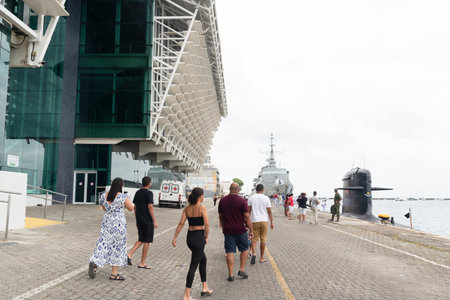 Salvador, Bahia, Brazil - October 08, 2023: People and tourists are visiting the Brazilian Navy ship Fragata Constituicao F42, docked at the seaport of the city of Salvador, Bahia.のeditorial素材