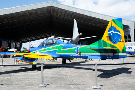 Salvador, Bahia, Brazil - November 11, 2014: A-29B aircraft of the Brazilian air force is seen at...