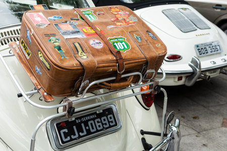 Salvador, Bahia, Brazil - November 1, 2014: A Volkswagen Beetle model with suitcases is seen at an antique car exhibition in the city of Salvador, Bahia.のeditorial素材