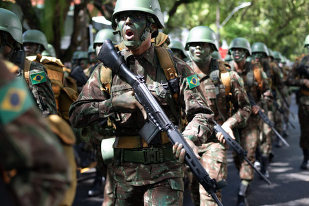 Salvador, Bahia, Brazil - September 07, 2023: Army soldiers parade with equipment during a tribute...
