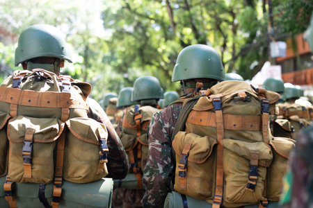 Salvador, Bahia, Brazil - September 07, 2023: Army soldiers parade with equipment during a tribute...