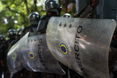 Salvador, Bahia, Brazil - September 07, 2023: Army police soldiers parade during a tribute to Brazilian Independence Day in the city of Salvador, Bahia.のeditorial素材
