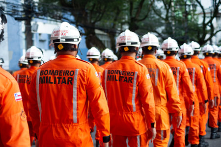 Salvador, Bahia, Brazil - September 07, 2023: Soldiers from the fire department are seen during the Brazilian Independence Day parade in the city of Salvador, Bahia.のeditorial素材