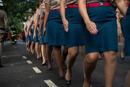 Salvador, Bahia, Brazil - September 07, 2023: Female military police officers parade during tributes to Brazilian Independence Day in the city of Salvador, Bahia.のeditorial素材