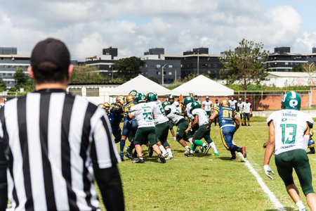 Camacari, Bahia, Brazil - September 30, 2023: American football players are seen during a game at the Armando Oliveira stadium, in CamaÃ§ari, Bahia.のeditorial素材