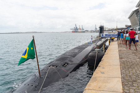 Salvador, Bahia, Brazil - October 08, 2023: Submarine Riachuelo S40, from the Brazilian Navy, stopped at the sea port of the city of Salvador, Bahia.のeditorial素材