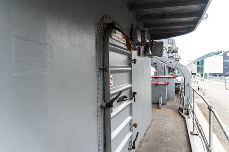 Salvador, Bahia, Brazil - October 08, 2023: Internal view on board the Brazilian Navy ship Fragata Constituicao F42, docked at the seaport of the city of Salvador, Bahia.のeditorial素材