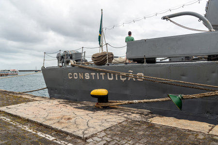 Salvador, Bahia, Brazil - October 08, 2023: View of part of the Brazilian Navy ship Fragata Constituicao F42, docked at the seaport of the city of Salvador, Bahia.のeditorial素材