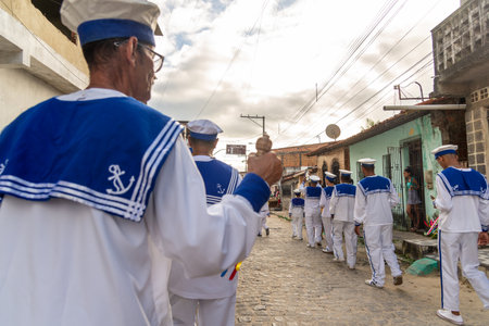 Saubara, Bahia, Brazil - August 06, 2022: Members of a CheganÃ§a group are seen parading in the streets of the city of Saubara, in Bahia.のeditorial素材