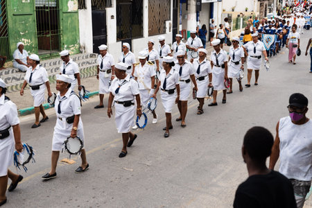 Saubara, Bahia, Brazil - August 06, 2022: Women from a Marujada, dressed as sailors, are seen...