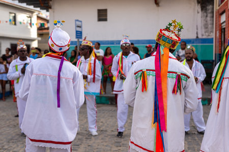 Saubara, Bahia, Brazil - August 06, 2022: Group of the Marujada de Curaca are seen during the Chegancas meeting parade in the city of Saubara, in Bahia.のeditorial素材