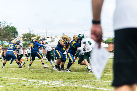 Camacari, Bahia, Brazil - September 30, 2023: American football match at the Armando Oliveira stadium in Camacari, Bahia.のeditorial素材