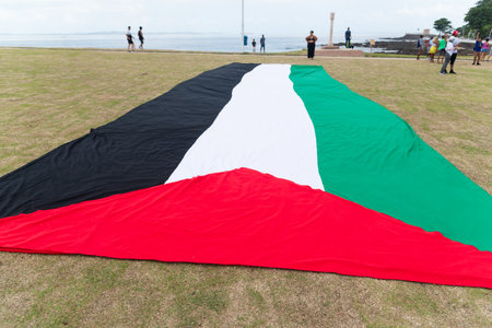 Salvador, Bahia, Brazil - November 11, 2023: Large Palestinian flag on the floor of the Barra lighthouse in the city of Salvador, Bahia.のeditorial素材