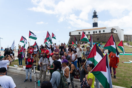 Salvador, Bahia, Brazil - November 11, 2023: Protesters are holding a Palestinian flag during a...