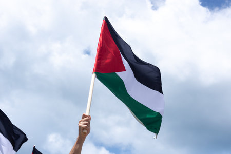 Salvador, Bahia, Brazil - November 11, 2023: Protesters are holding a Palestinian flag during a peaceful protest in the city of Salvador, Bahia.のeditorial素材